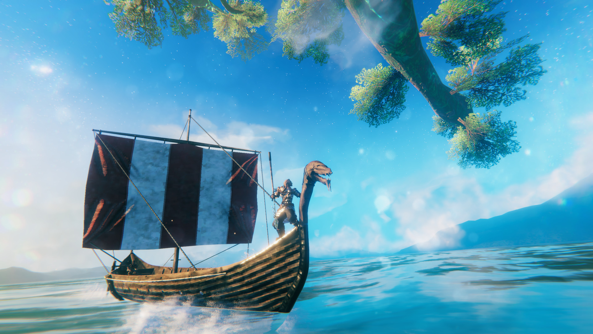 Valheim: a character standing at the bow of a sailing boat