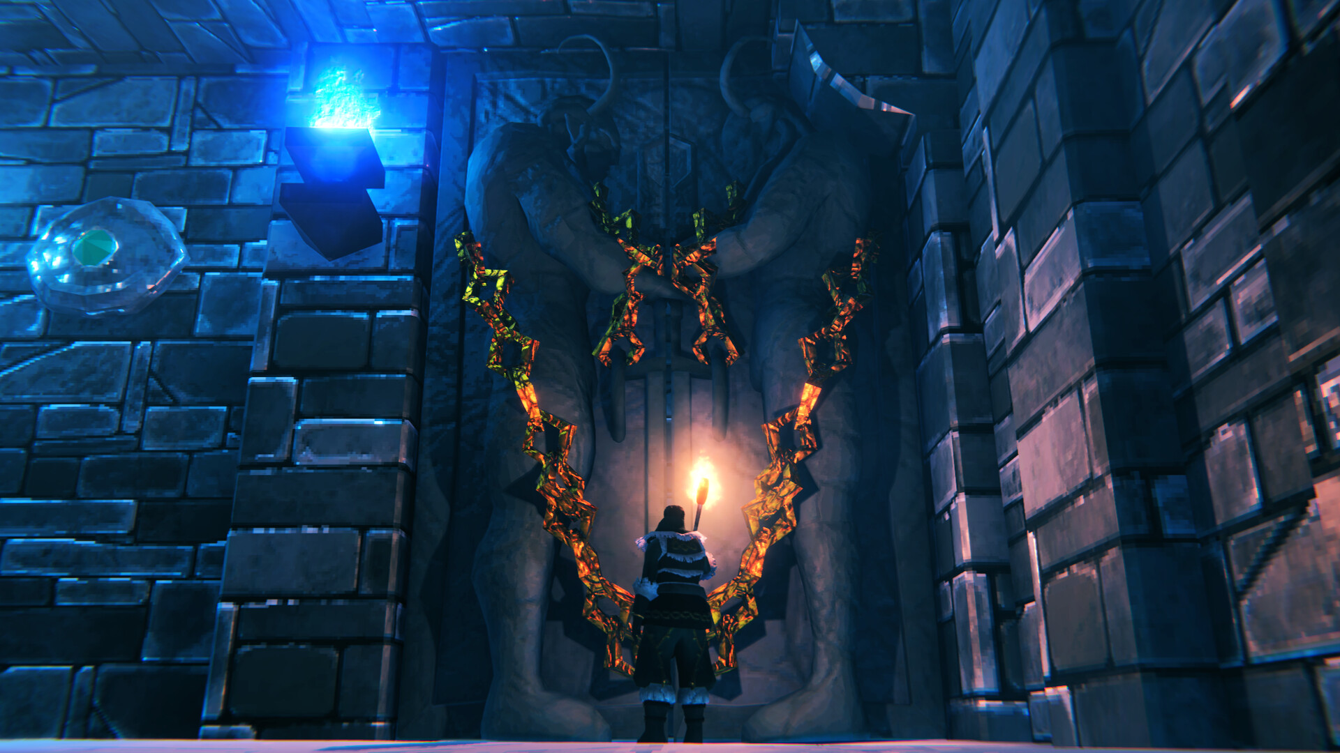 Valheim: a player character facing a portal inside a stone building