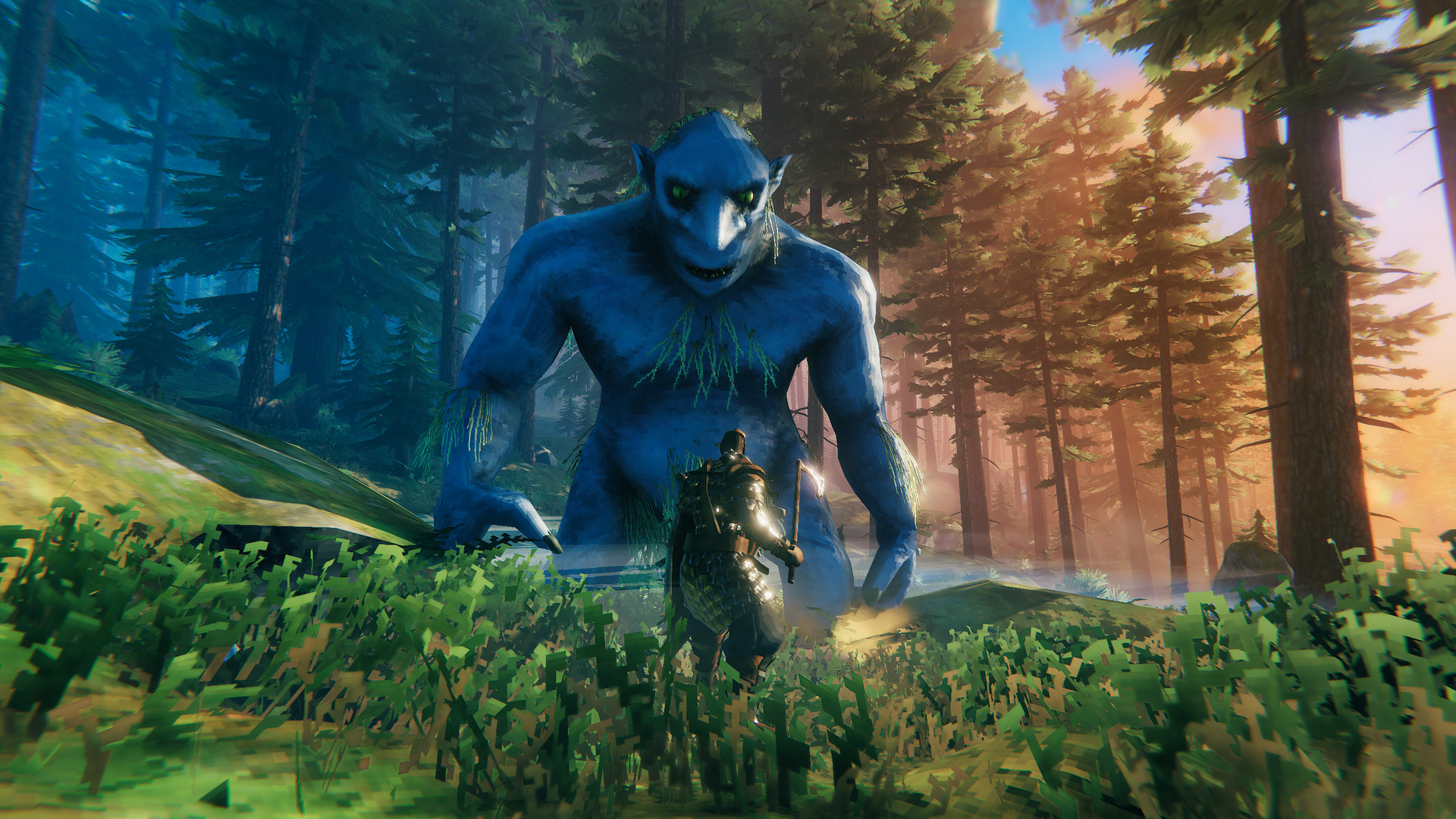Valheim: a troll approaching a player character in a forest
