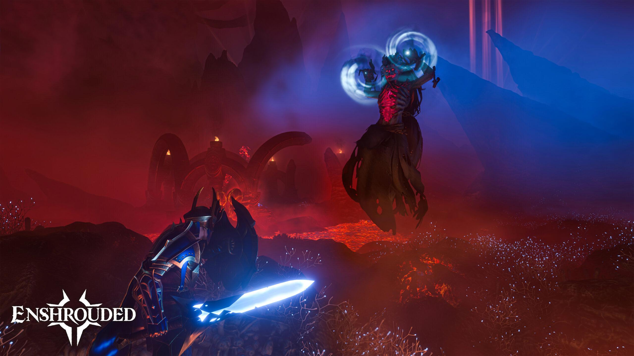 Enshrouded: Character Facing a Floating Creature Above Lava
