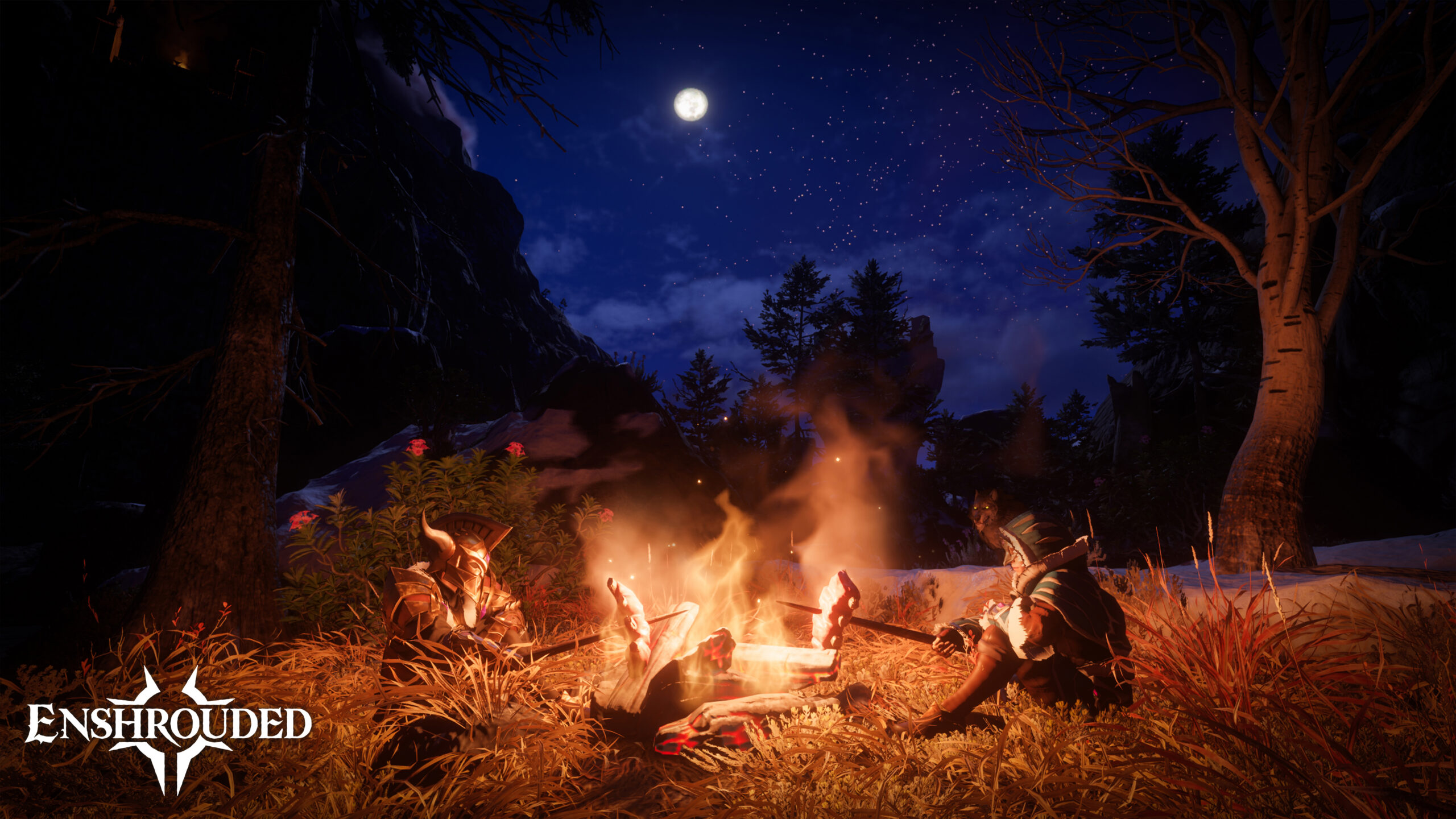Enshrouded: Two Characters at a Campfire at Night