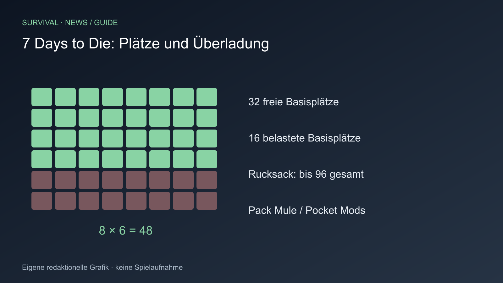 32 freie Basisplätze; 16 belastete Basisplätze; Rucksack: bis 96 gesamt; Pack Mule / Pocket Mods