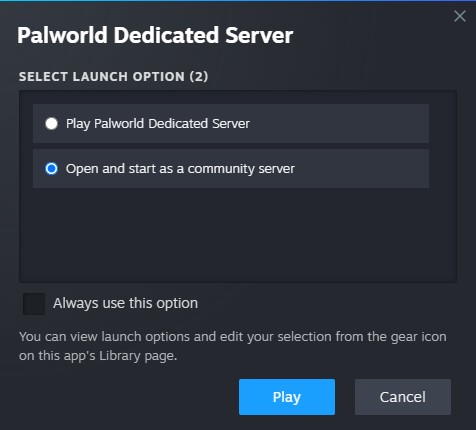 Steam launch dialog for Palworld Dedicated Server with the community-server option selected.