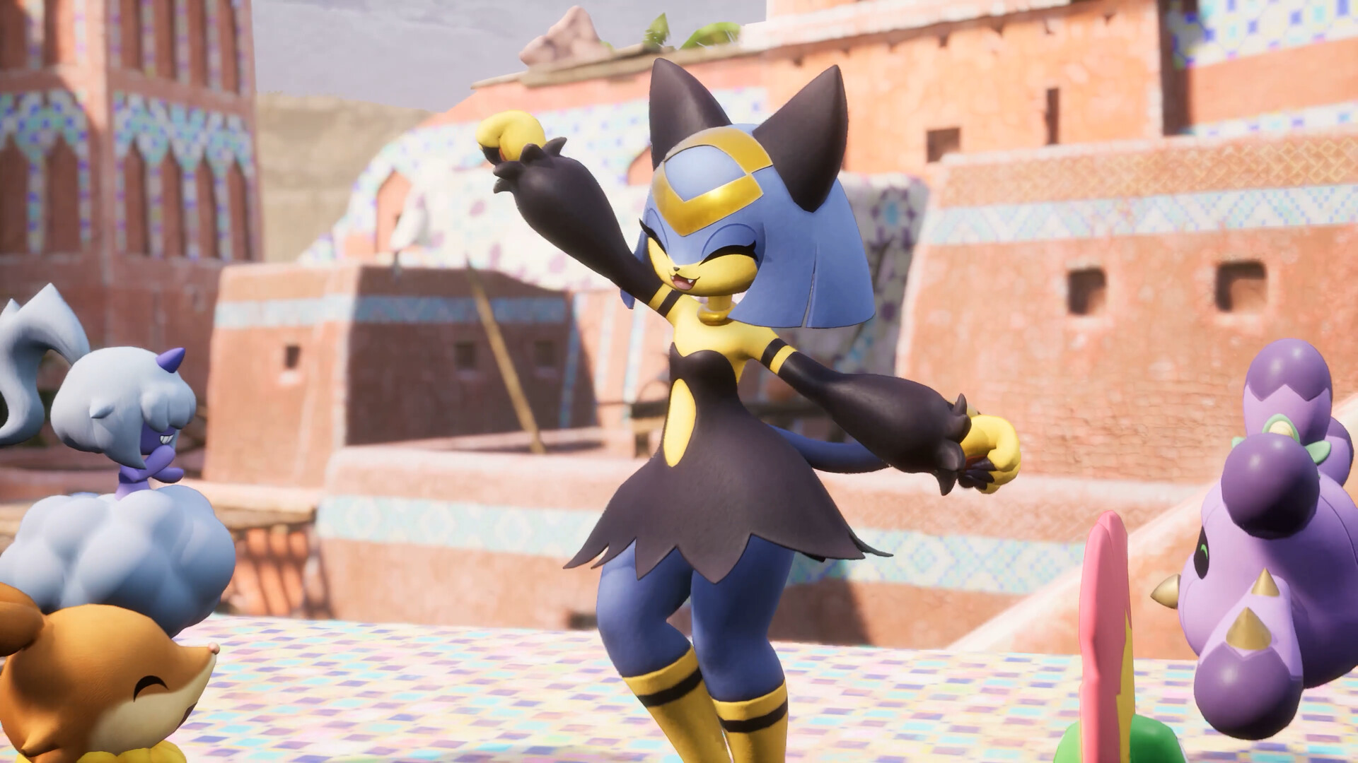 A blue and yellow Pal with other Pals in front of red stone buildings in Palworld.