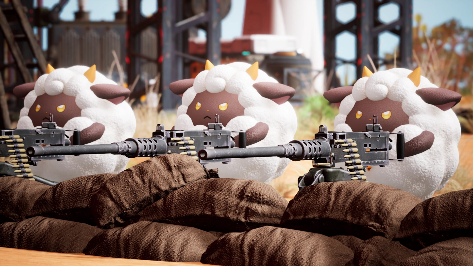Three woolly Pals behind sandbags with machine guns in Palworld.