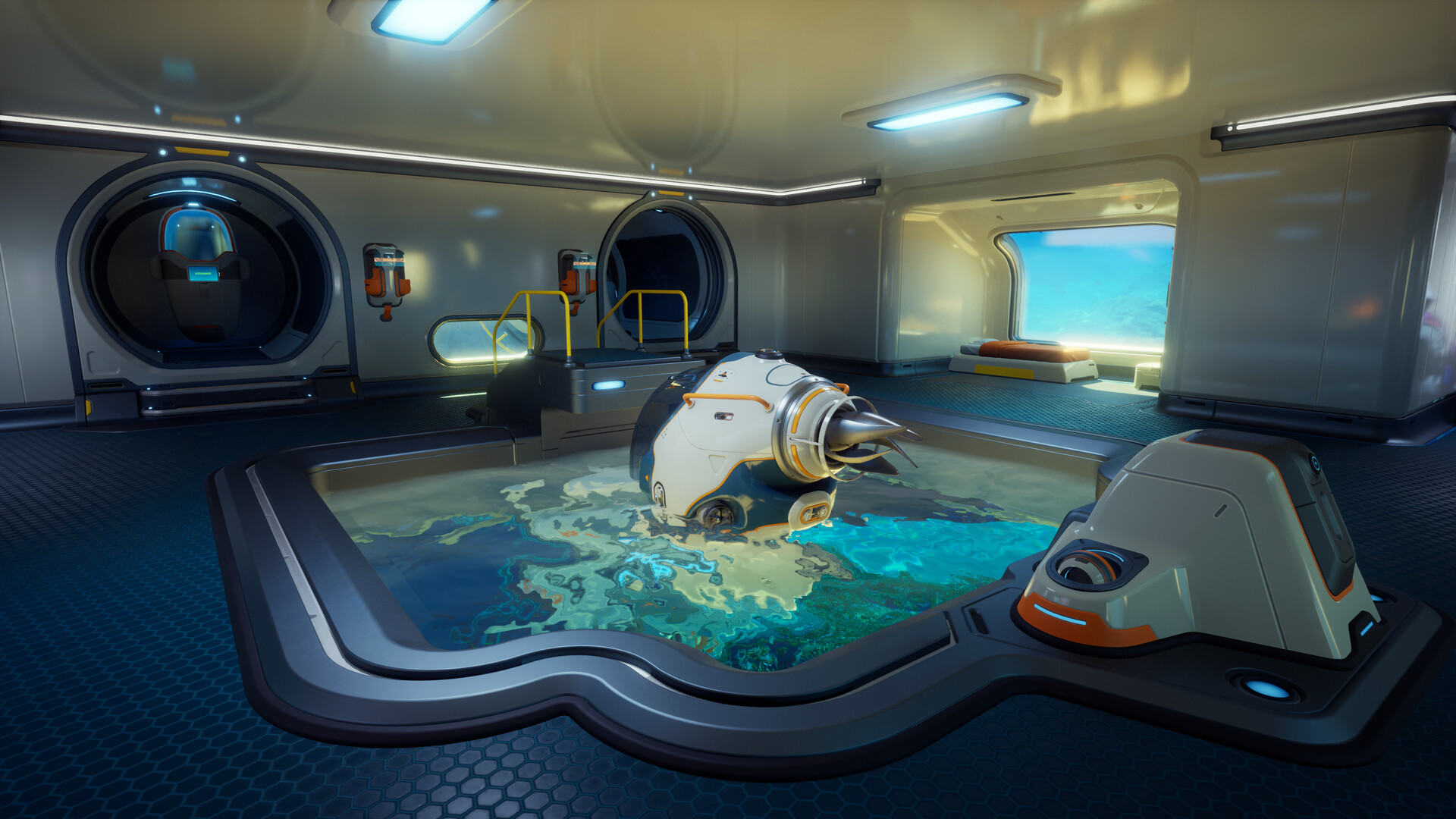 Ein Tauchfahrzeug im Inneren einer Unterwasserbasis in Subnautica 2.