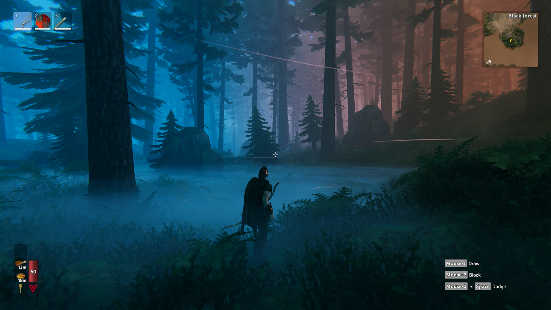 Valheim: ein Charakter mit Bogen in einem nebligen Wald.