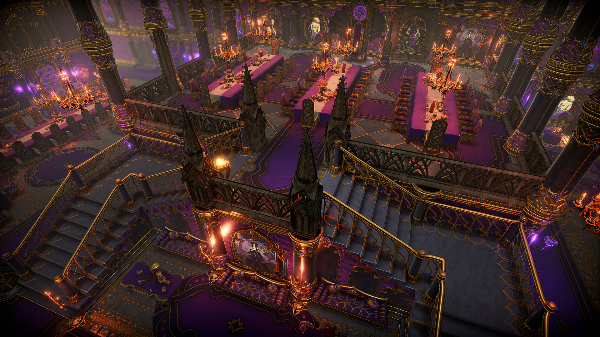 Ein geschmückter Schlosssaal mit violetten Stoffen und goldenen Verzierungen in V Rising.
