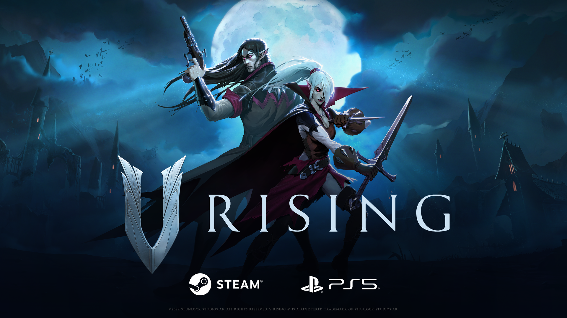 V Rising – official key art with two vampires and a full moon